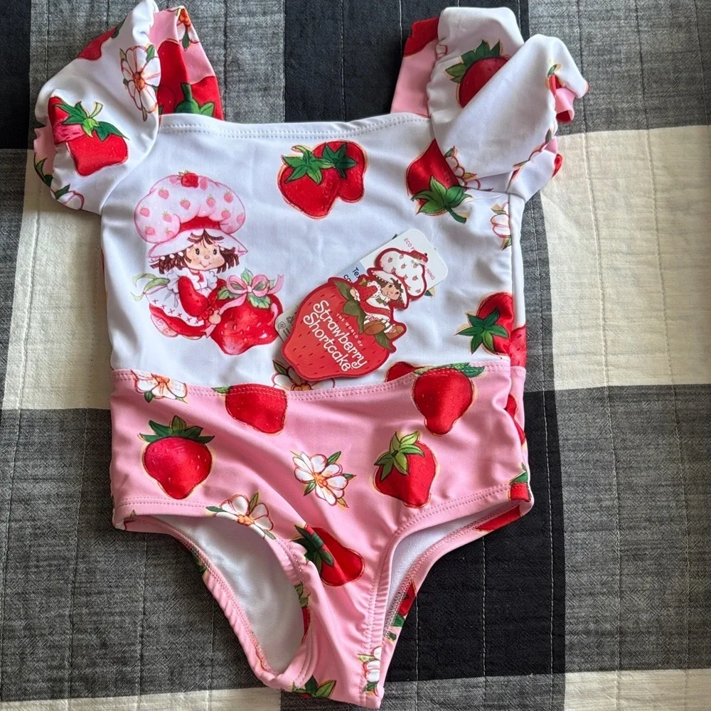 Strawberry Print Kids Swim One Piece